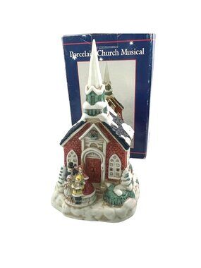 Vintage Brinn's Porcelain Musical Church Joy to the World Christmas Village Box